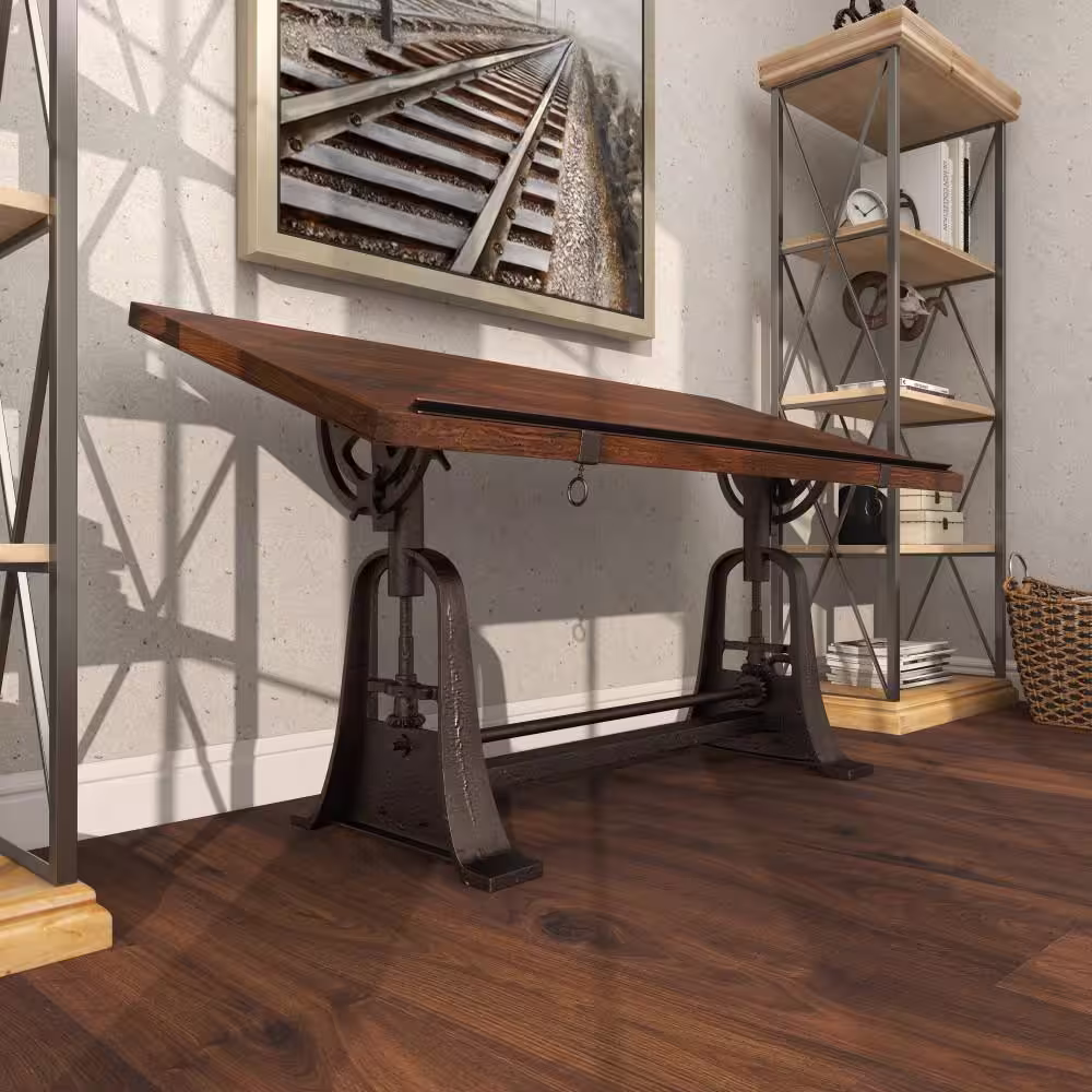 Litton Lane 30 in. Rectangle Brown Teak Wood Drafting Style Computer Desk with Tilting Top and Crank Height Adjustment