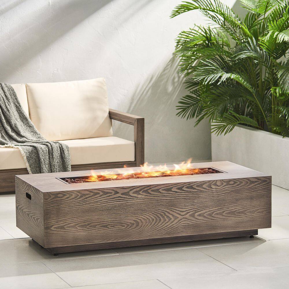 Noble House Mayfair Brown Wood Pattern Metal Rectangular Stone Fire Pit (No Tank Holder)