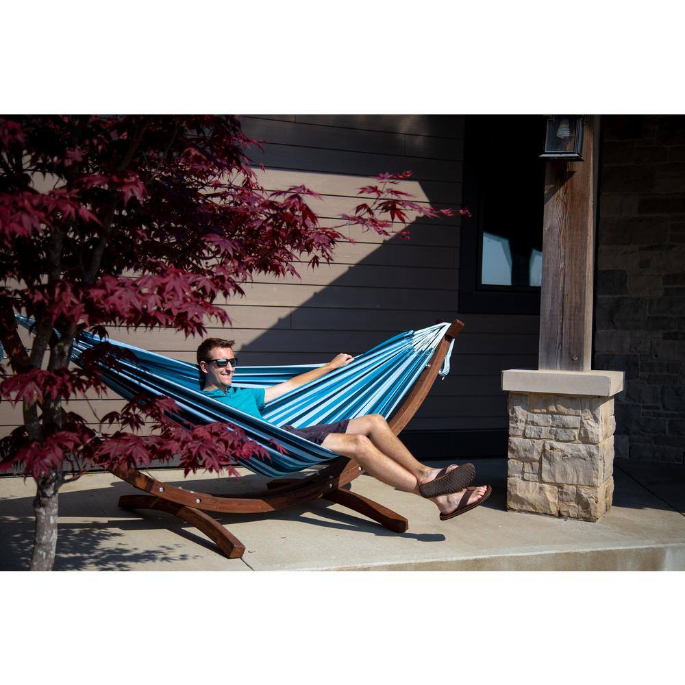 Vivere 8.5 ft. Double Cotton Hammock Bed with Stand in Blue Lagoon