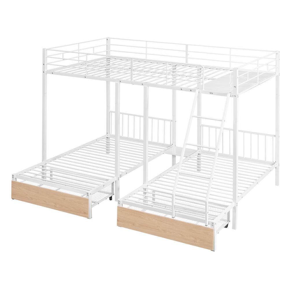Harper & Bright Designs White Full over Twin and Twin Metal Triple Bunk Bed with 2 Built- in Shelves, 2-Drawers and Ladder