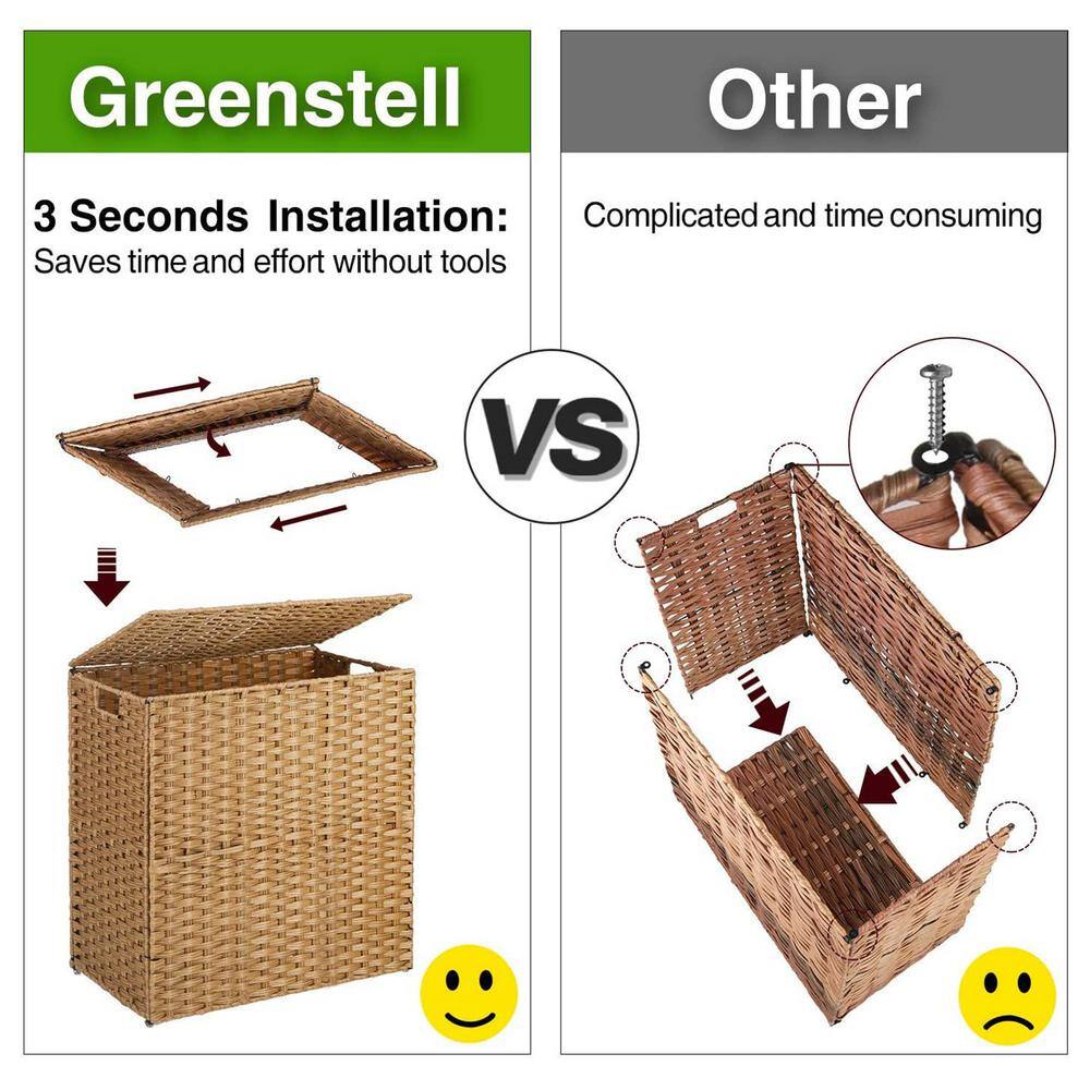 None 110L Rattan Laundry Basket Hamper with 2 Removable Liner Bags Gray