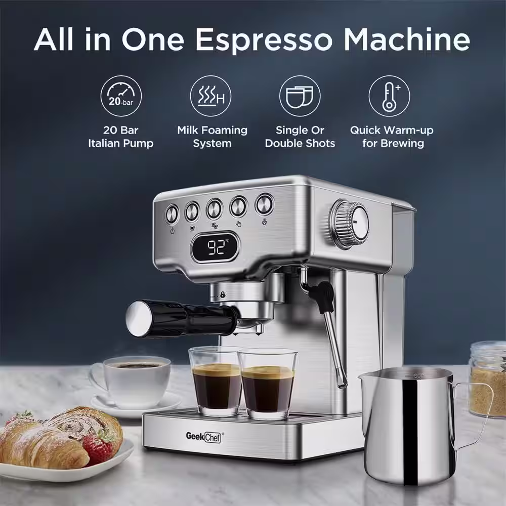 None 2- Cup Silver 20 Bar Espresso Machine with Milk Frother, 1.8L Water Tank, Stainless Steel
