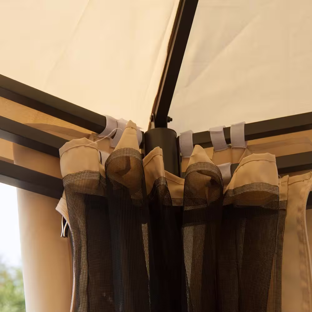 Outsunny 2-Tiered Outdoor Hexagon Garden Gazebo Canopy with Removable Mesh Curtains and UV Sun Protection, Brown