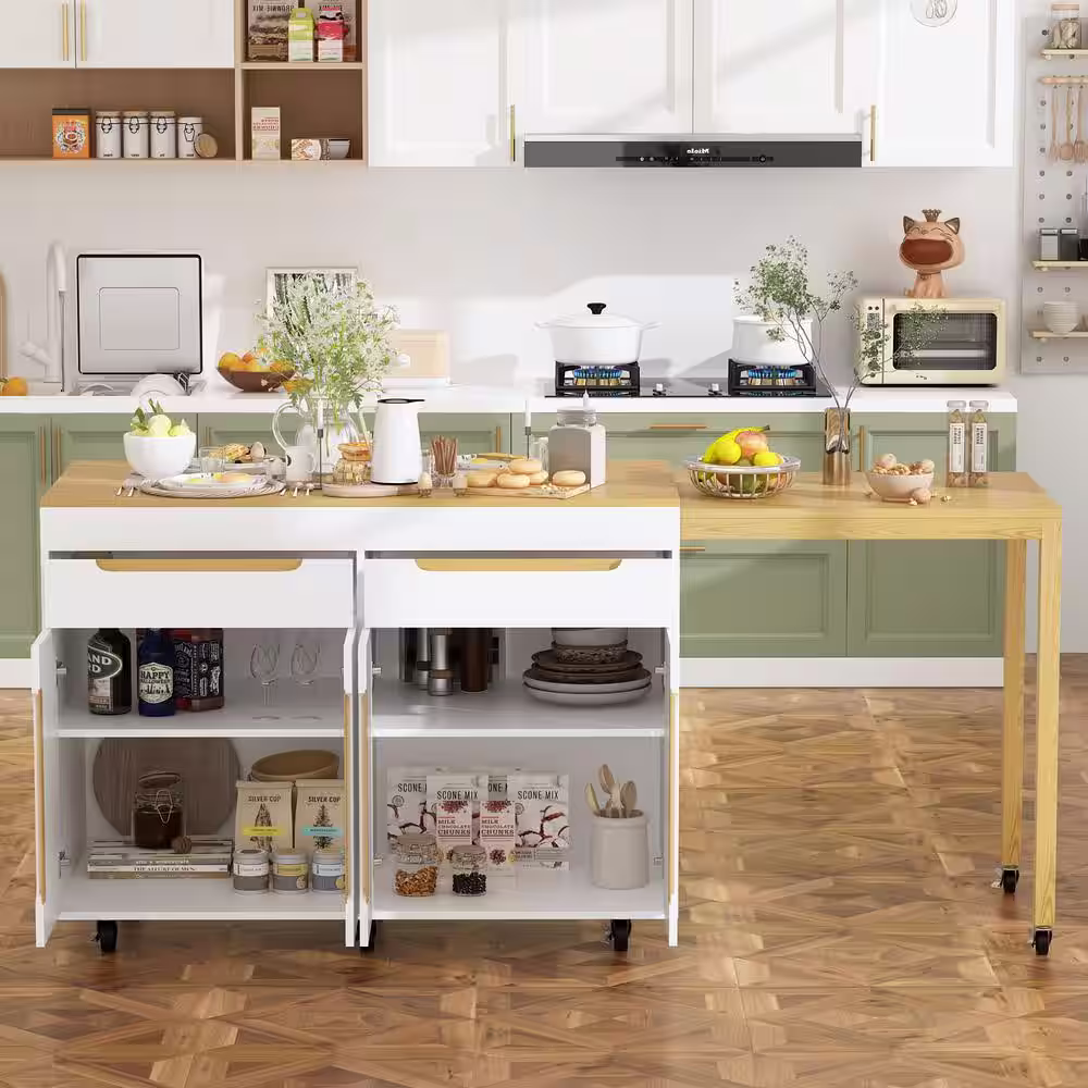 None White Wood 75.5 in. W Kitchen Island Dining Bar Table With Extendable Table Top, Door Cabinet, Drawers, Casters