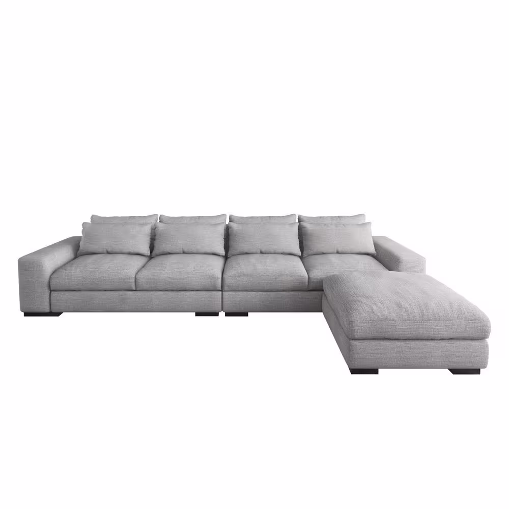 J&E Home 129.9 in. W Square Arm 3-Piece Linen L Shaped Reversible 4-Seater Sectional Sofa with Ottoman in Light Gray
