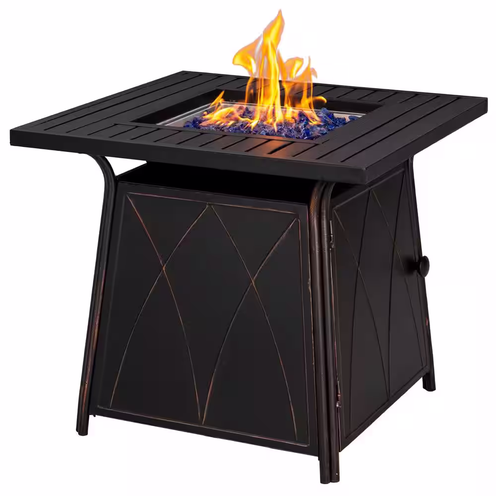 None 28.3 in. x 24.8 in. 50,000 BTU Square Metal Gas Fire Pit Table with Lid and Blue Fire Glass