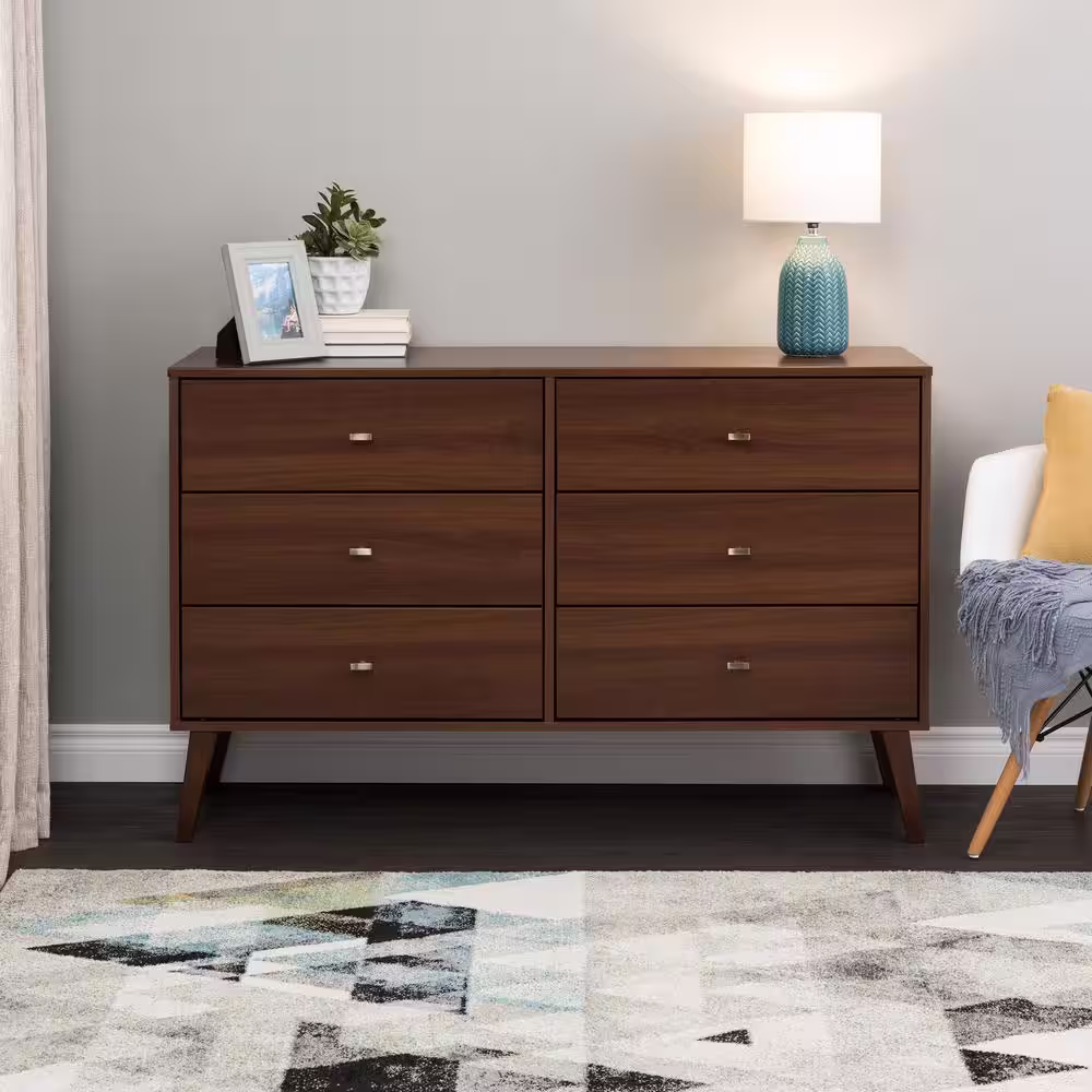 None Milo Mid Century Modern 6-Drawer Dresser 33 in. H x 52.25 in. W x 16 in. D