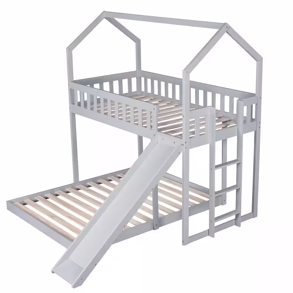 Harper & Bright Designs Gray Twin over Full Wood House Bunk Bed with Built-in Ladder and Slide