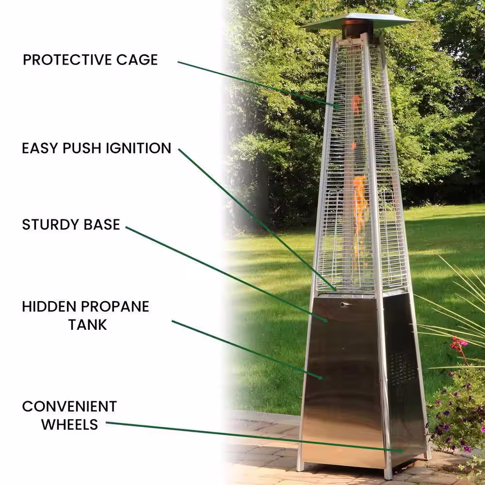 Hanover 7 ft. 42,000 BTU Stainless Steel Pyramid Propane Patio Heater with Weather-Protective Cover