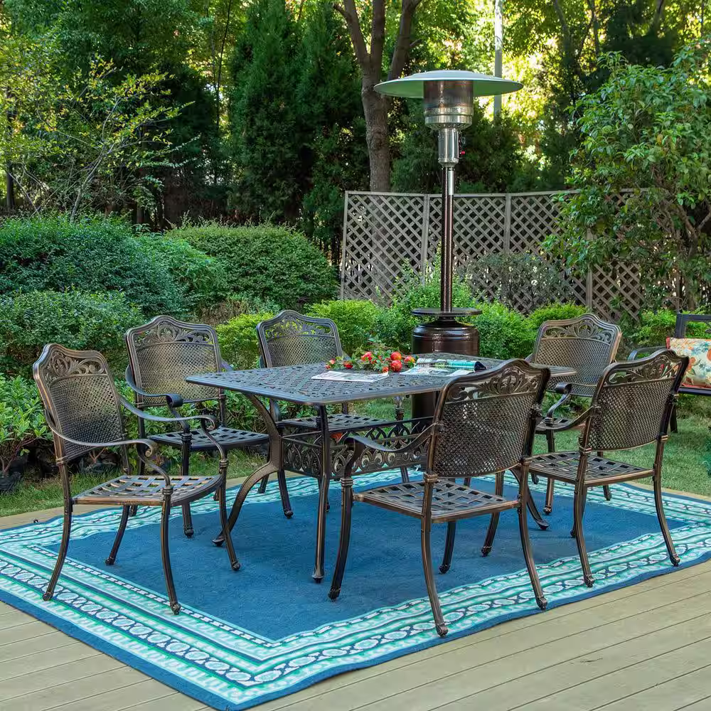 None Golden Bronze 7-Piece Cast Aluminum with Round Patio Outdoor Dining Set Table and Stackable Dining Chairs