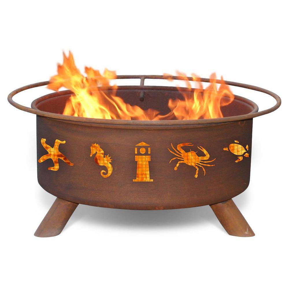 None Atlantic Coast 29 in. x 18 in. Round Steel Wood Burning Fire Pit in Rust with Grill Poker Spark Screen and Cover