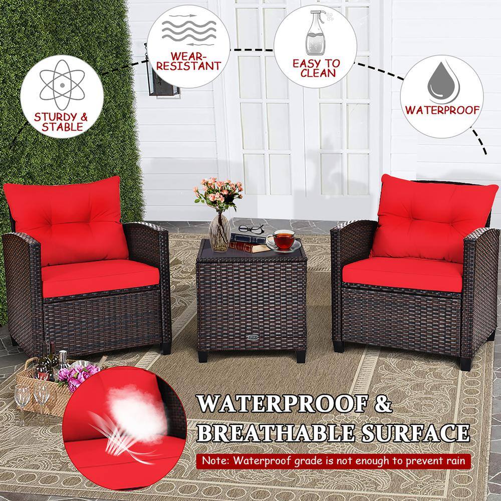Costway Mix Brown 3-Piece Rattan Wicker Patio Conversation Set Sofa Coffee Table with Red Cushions