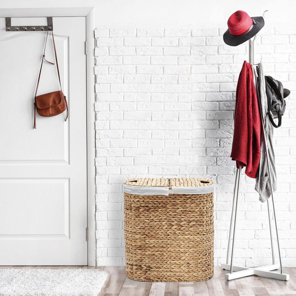 Seville Classics Hand Woven Natural Wicker Water-Hyacinth Lidded Oval Double Laundry Hamper with Bags