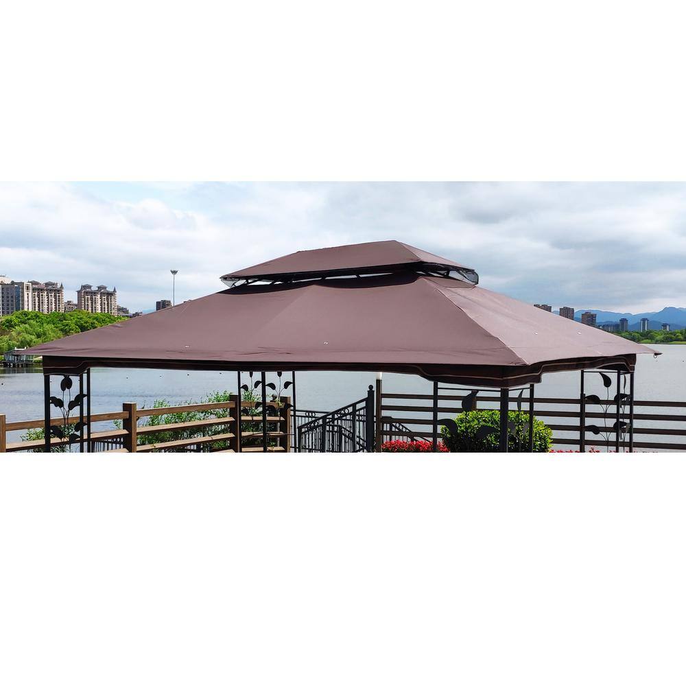 None 13 ft. x 10 ft. Patio Double Roof Gazebo Replacement Canopy Top Fabric, Brown