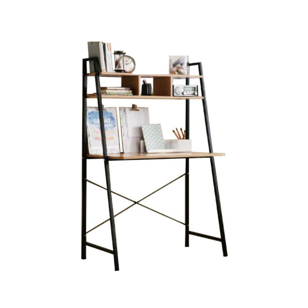 None Black Steel Frame Desk with Bookcase Above