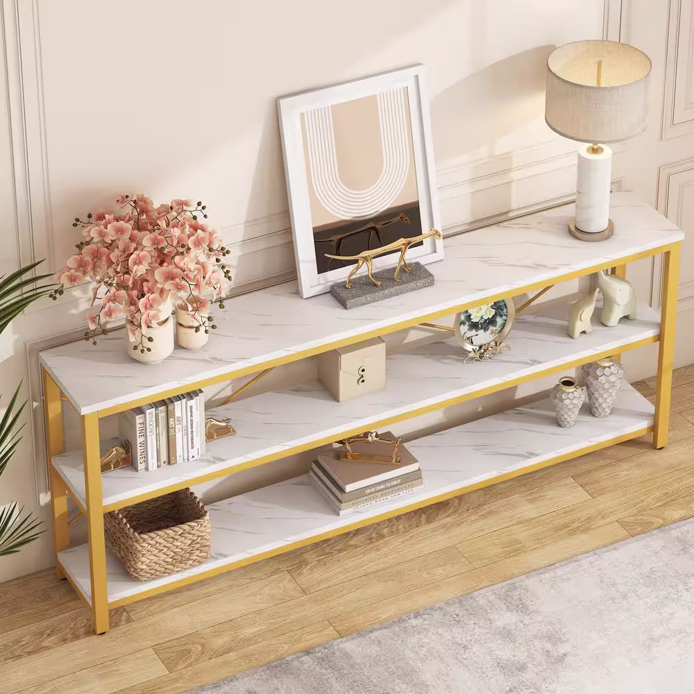 BYBLIGHT Turrella 70.8 in. White Gold Rectangle Wood Console Table Extra Long TV Console with Storage Shelves