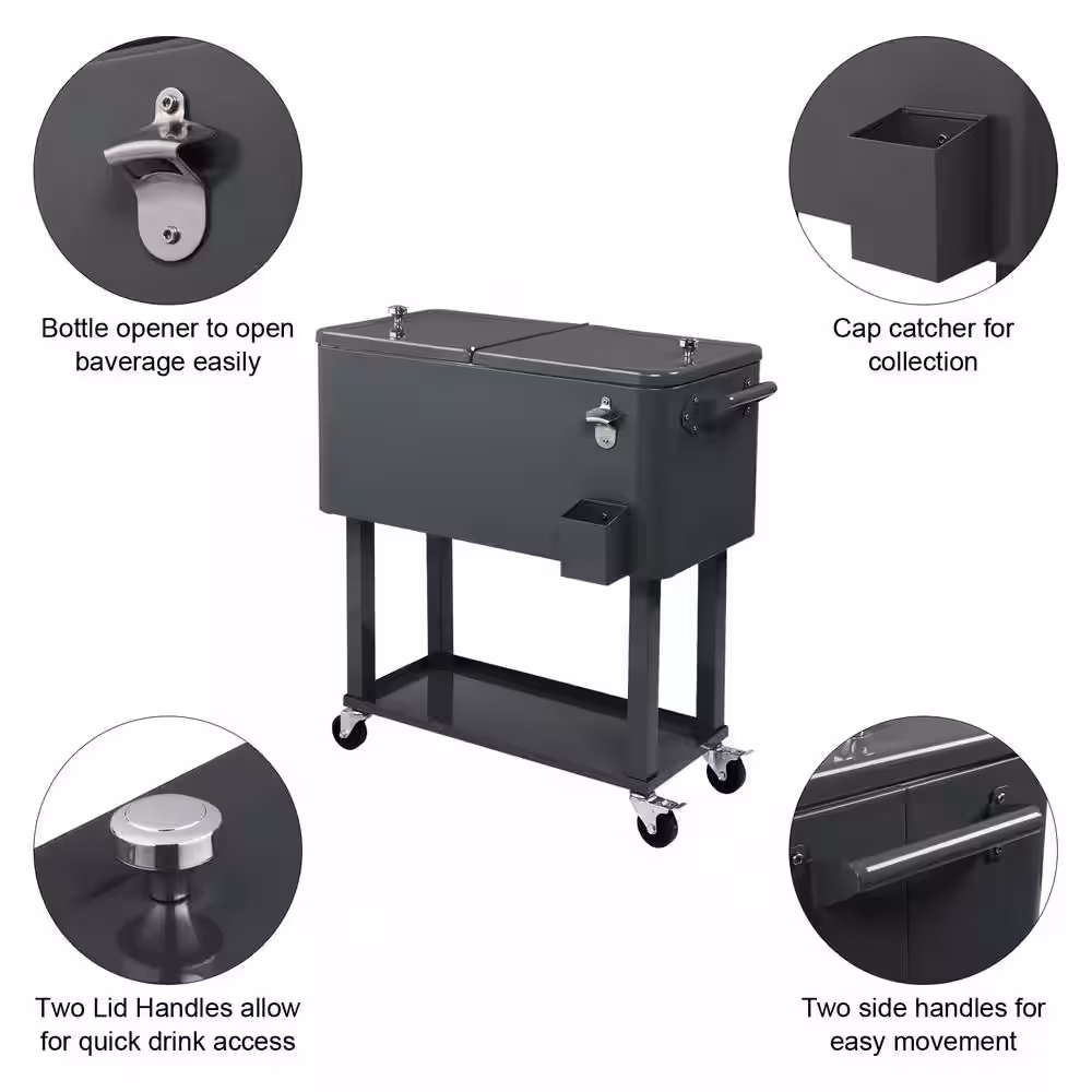 None Dark Grey 80 qt. Iron Beverage Wheeled Cooler with Shelf