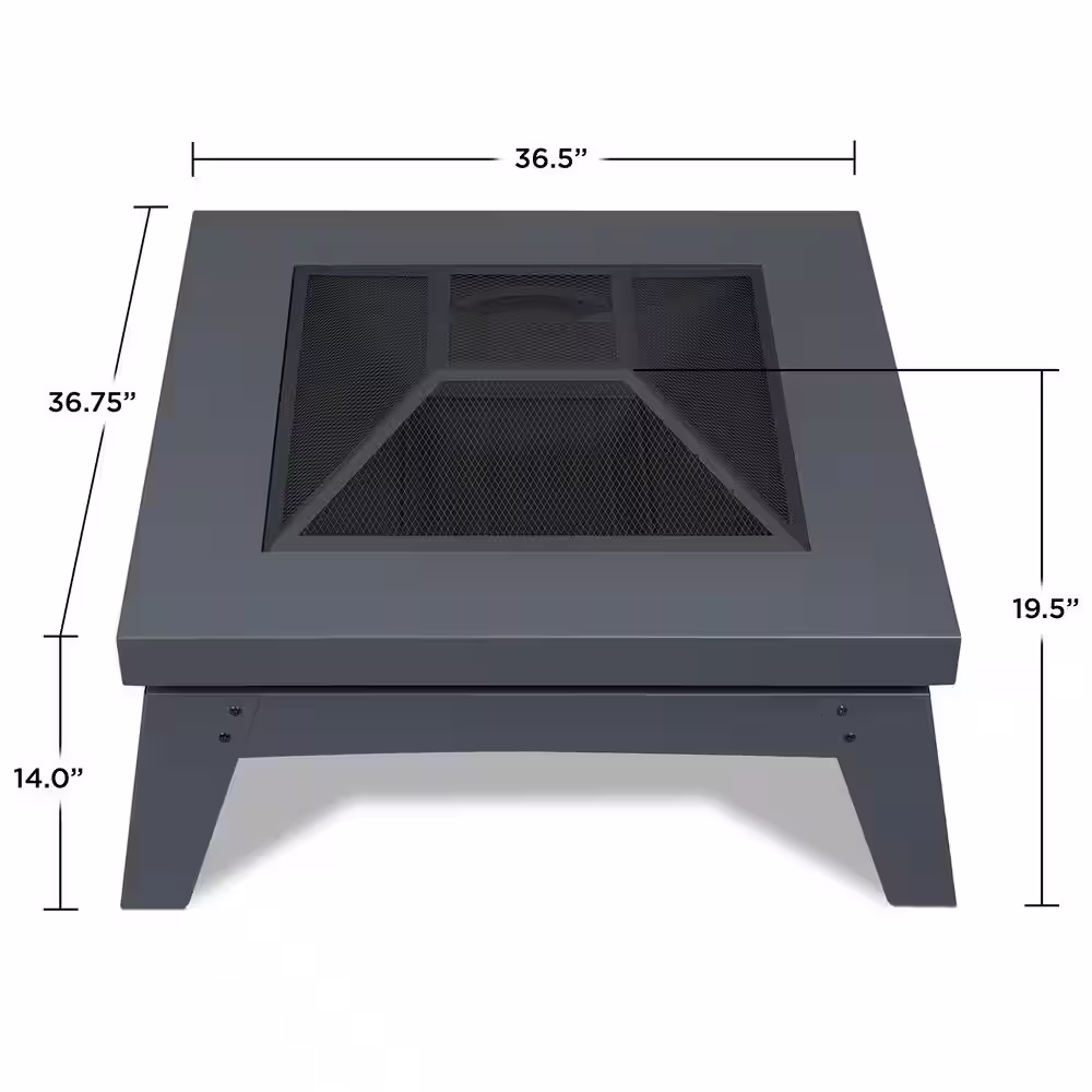 Real Flame Breton 37 in. x 20 in. Square Steel Wood-Burning Fire Pit in Gray with Spark Screen and Protective Cover