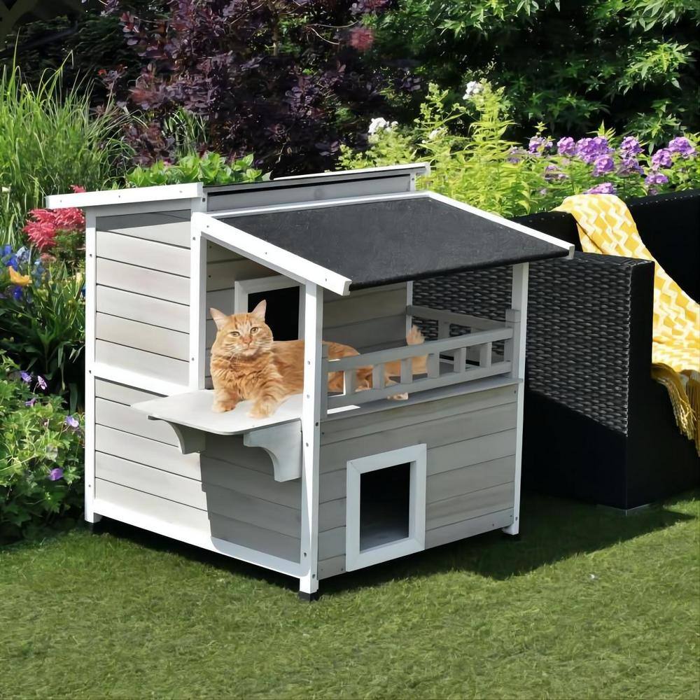 None 2-tier Wooden Patio Cat House with Balcony