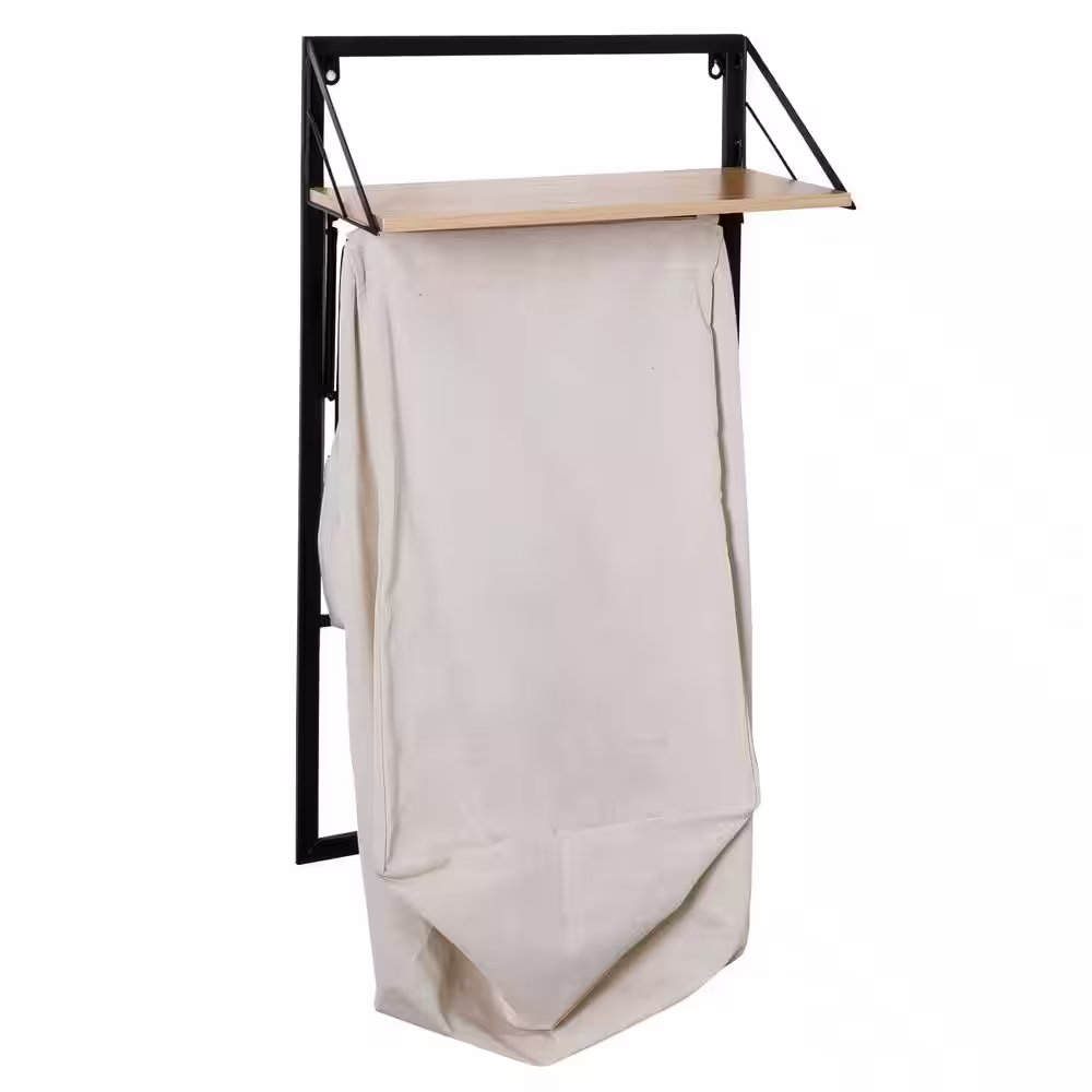Honey-Can-Do 55 in. H x 18 in. W Collapsible Wall-Mounted Clothes Hamper with Canvas Laundry Bag and Wood Shelf, Black/Natural