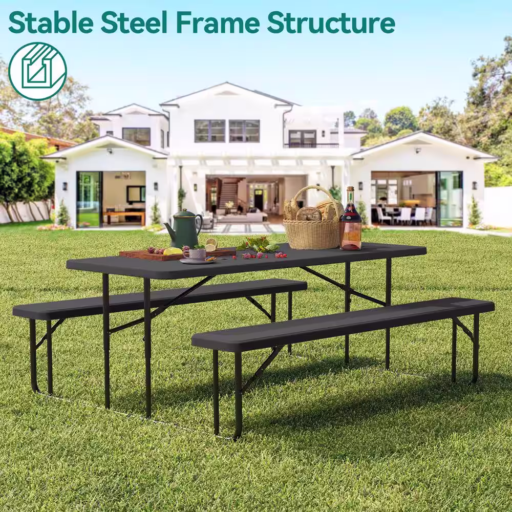None 6 ft. Black Rectangular HDPE Folding Picnic Table and Bench with Umbrella Hole