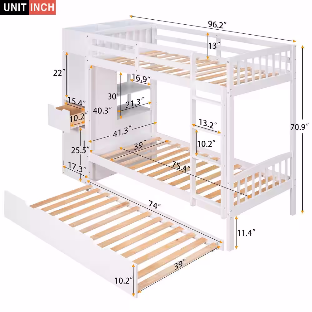 Harper & Bright Designs White Twin Size Wood Bunk Bed with Trundle and Attached Multifunctional Locker
