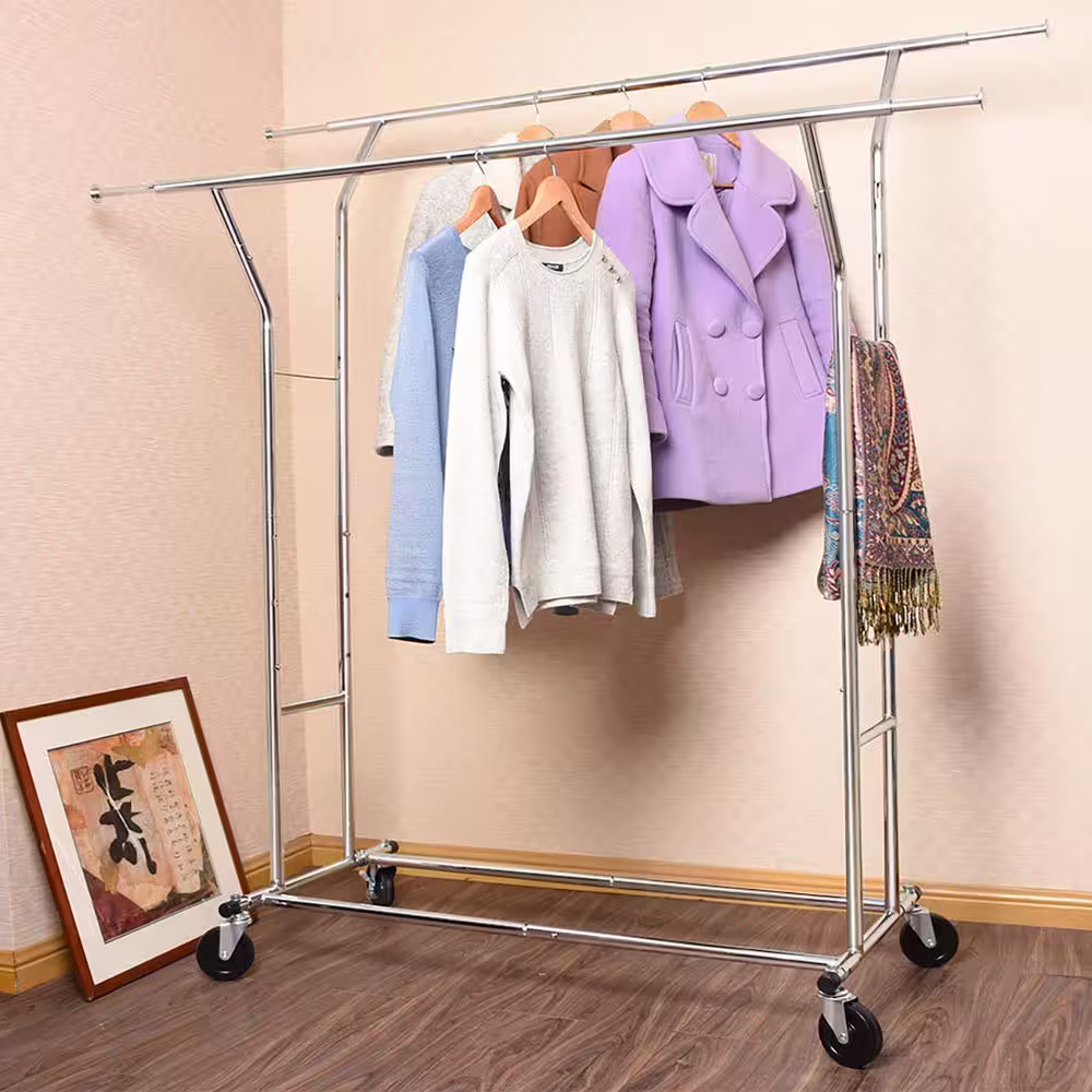 None Chrome Metal Garment Clothes Rack Double Rods 42 in. W x 68 in. H