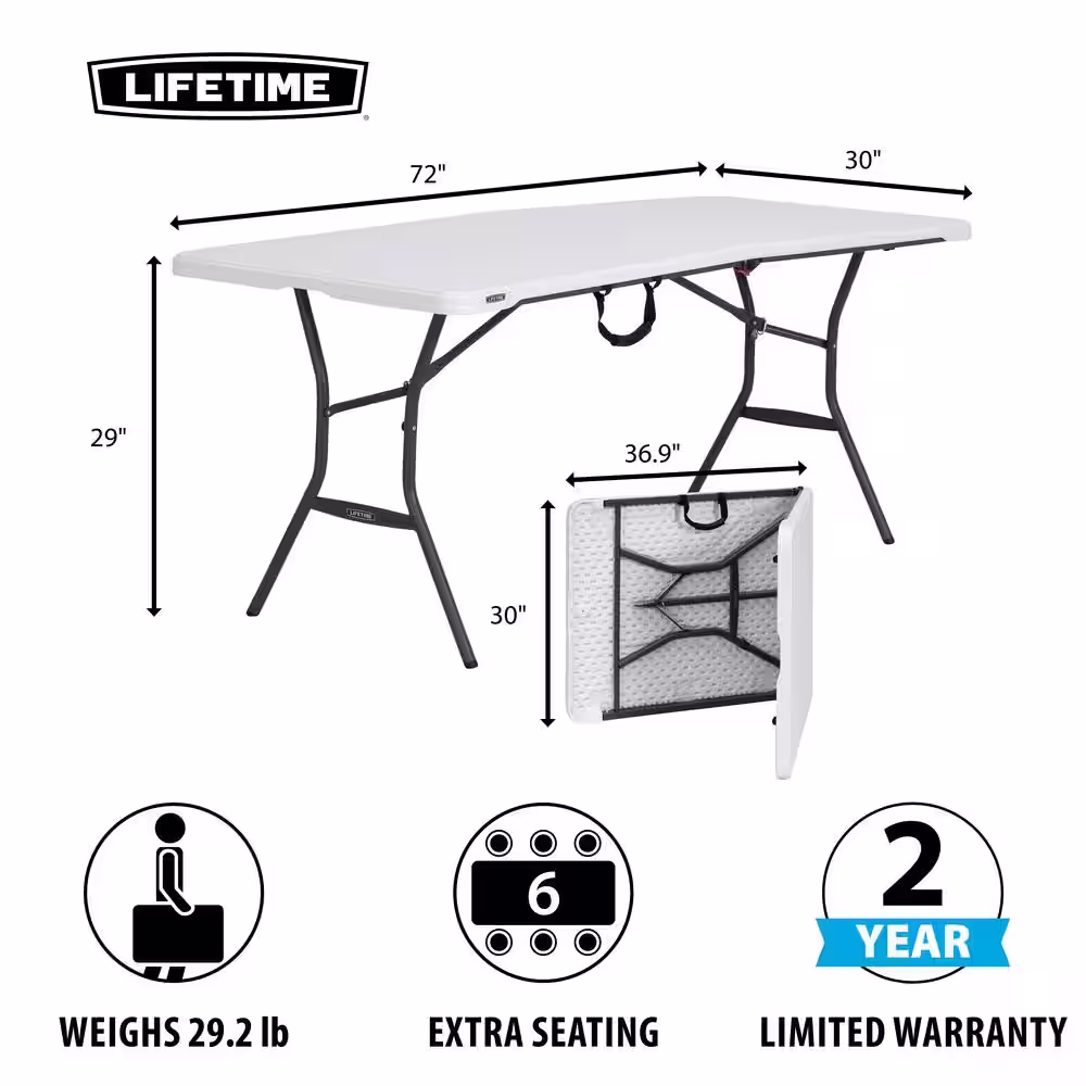 Lifetime 6 ft. White Plastic Fold-In-Half Table (Light Commercial)