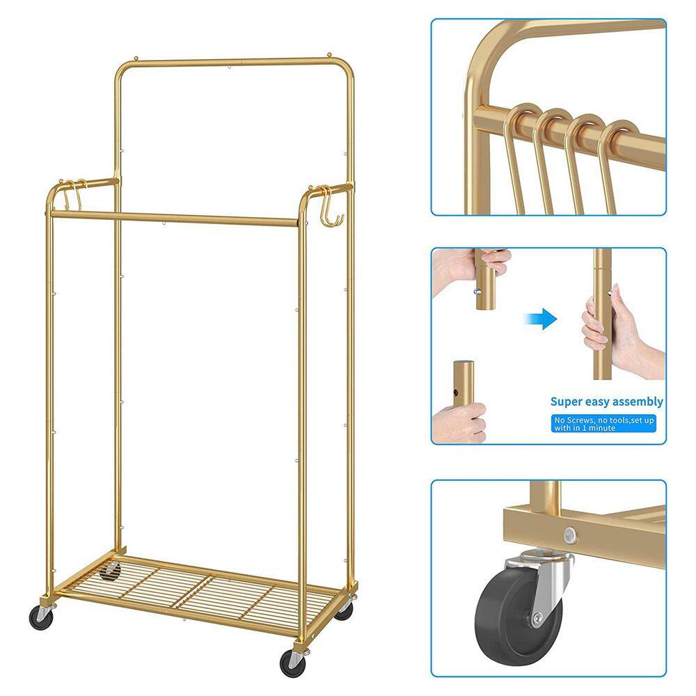 None Gold Metal Garment Clothes Rack With Double Rod 29 in. W x 60 in. H
