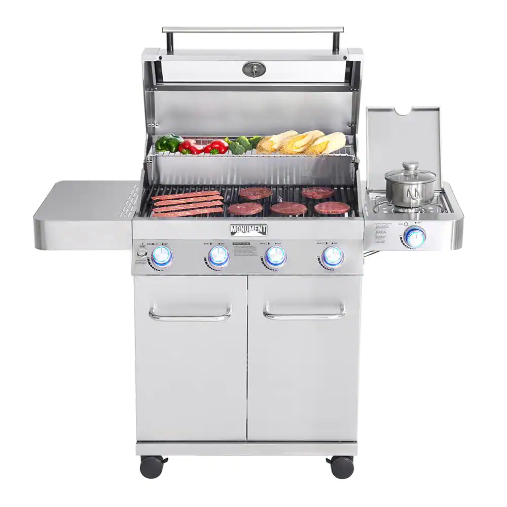 Monument Grills 4-Burner Propane Gas Grill in Stainless with Clear View Lid, LED Controls and Side Burner
