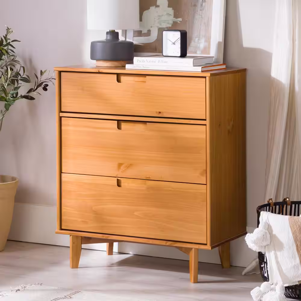 Walker Edison Furniture Company Sloane 3-Drawer Caramel Mid-Century Modern Solid Wood Dresser