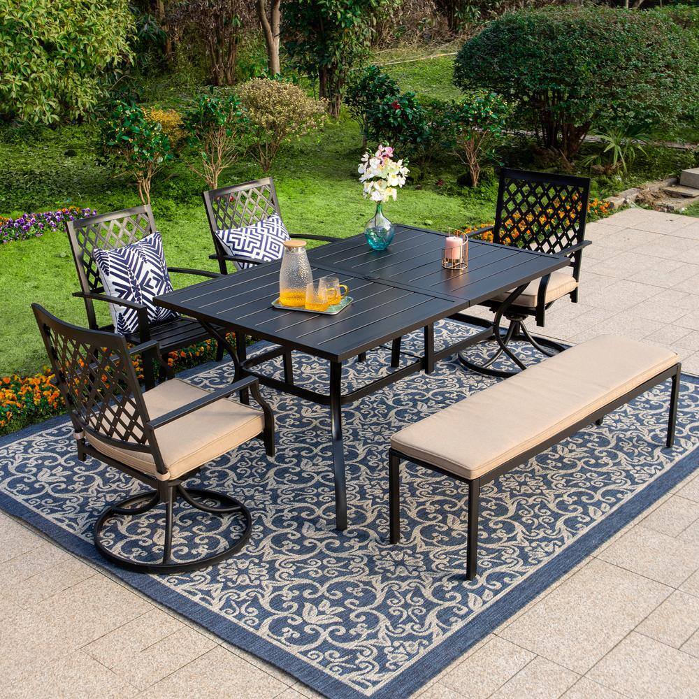 None 6-Piece Rectangular Outdoor Dining Set with Slat Table and Bench with Beige Cushion
