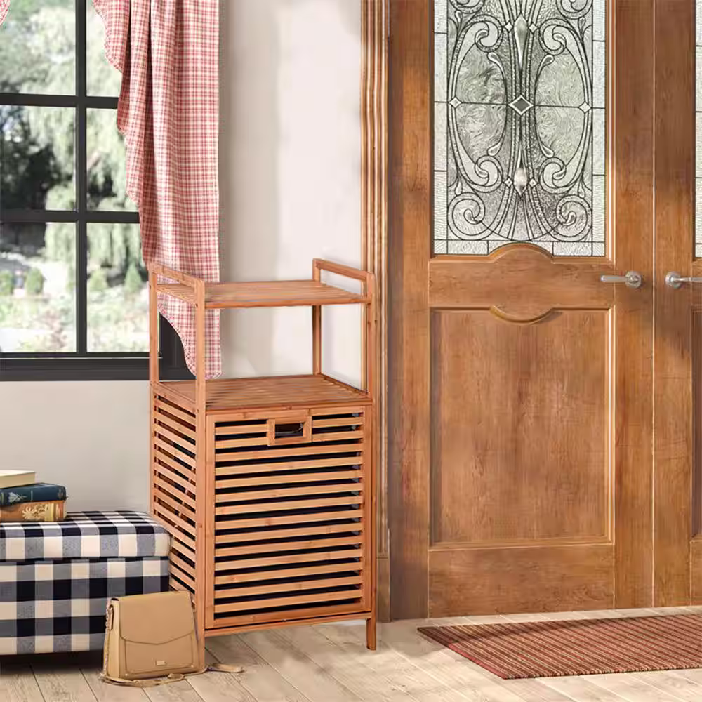 Kahomvis Natural Tilt-Out Bamboo Laundry Hamper with 2-tier Shelf