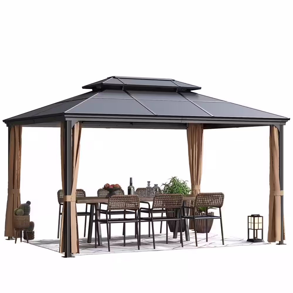 Tozey 10 ft. x 13 ft. Hardtop Polycarbonate Double Roof Aluminum Gazebos with Mosquito Nets and Curtains