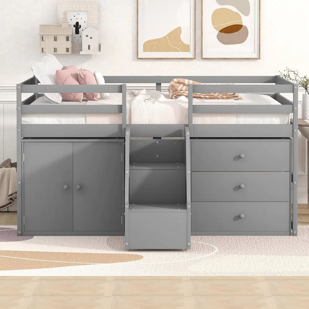 None Gray Wood Full Size Low Loft Bed with Cabinets and Drawers, Hanging Clothes At The Back Of The Staircase