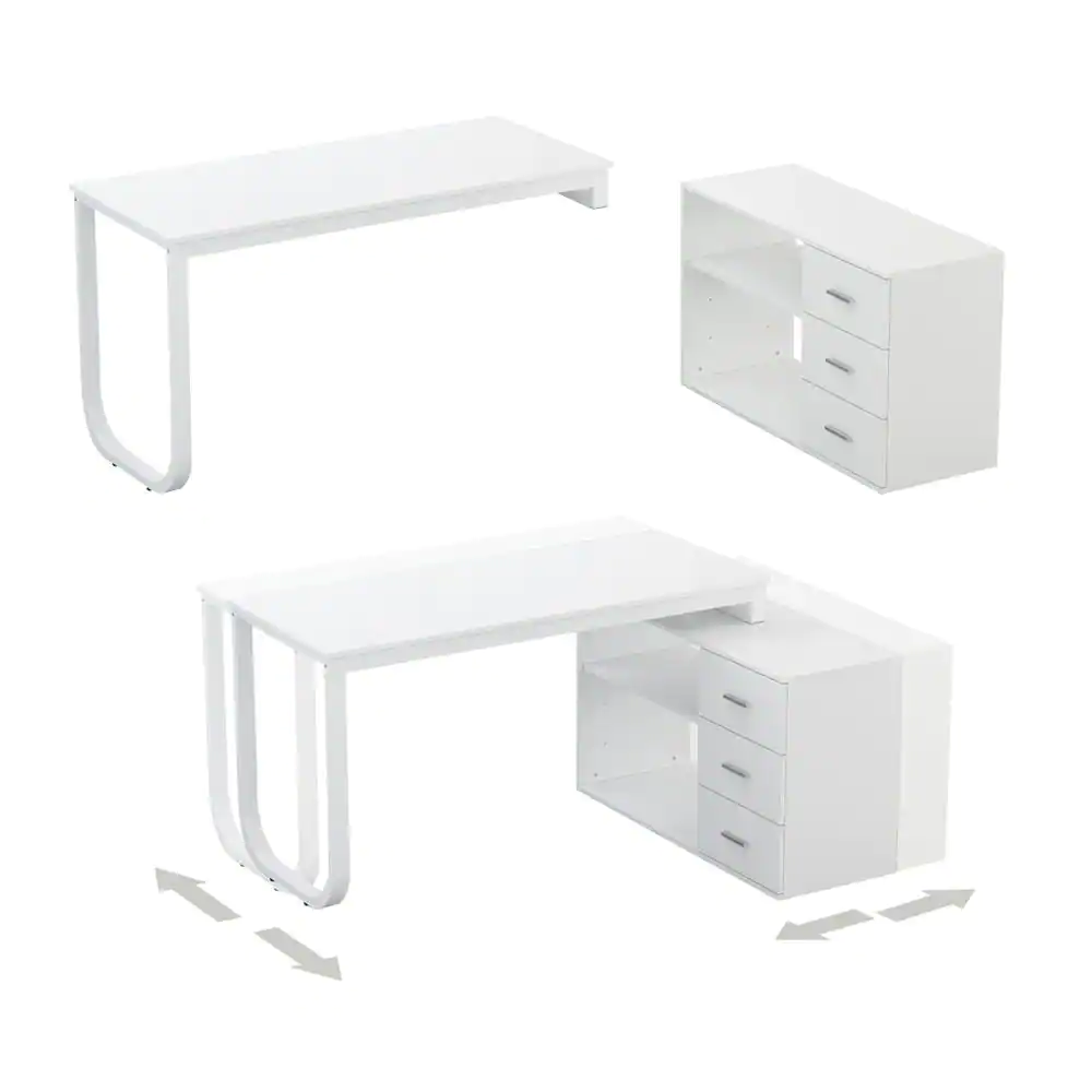 None 55.1 in. L-Shaped White Wood Computer Desk Writing Desk Office Executive Desk W/Removable Tabletop, Shelves, 3-Drawers