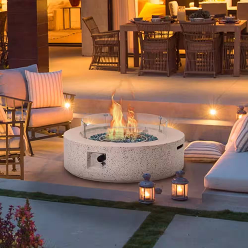 None 41 in. 50000 BTU Elegant White Round Composite GRFC Fire Pit Table with Glass Wind Guard and Water-Resistent Cover