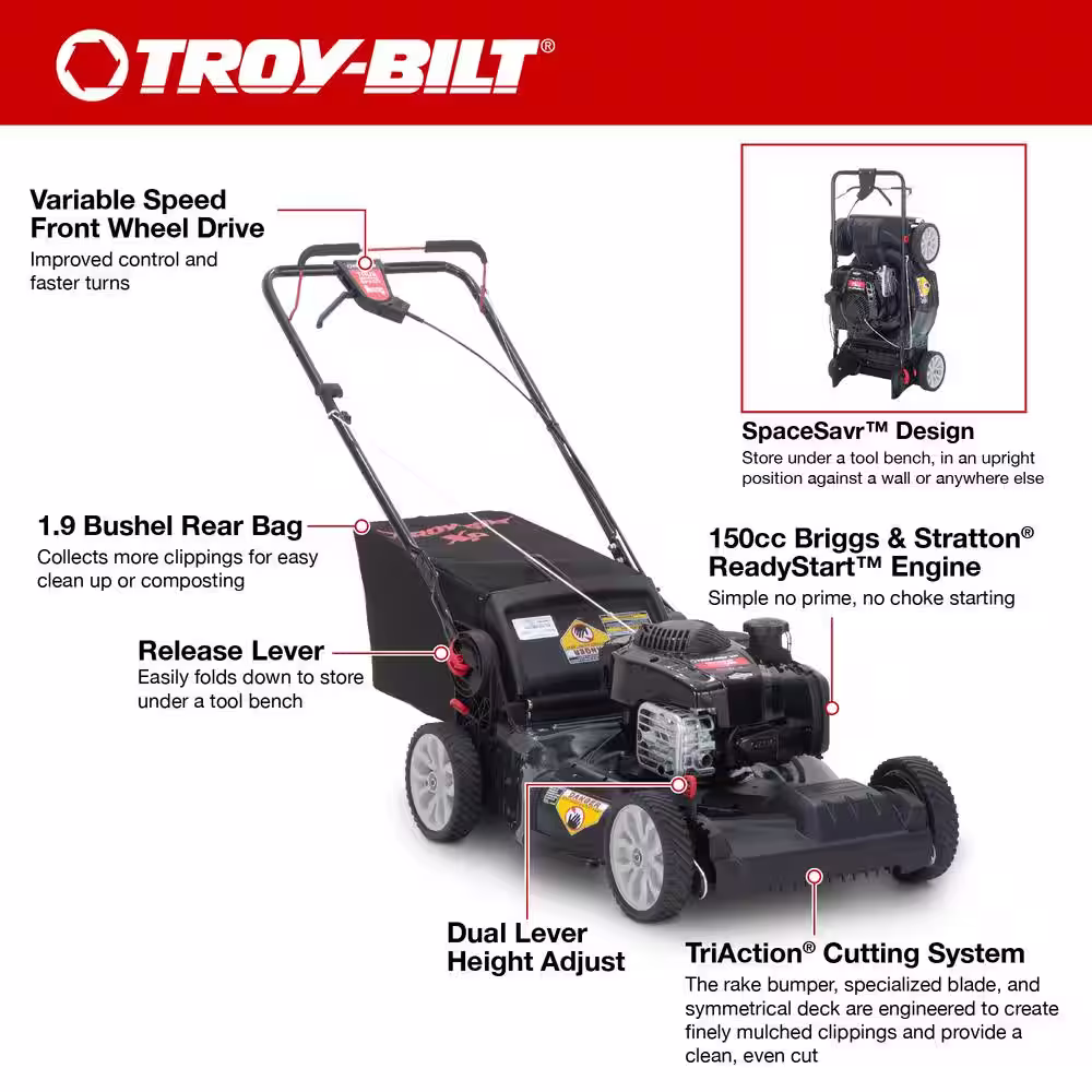 Troy-Bilt XP 21 in. 150 cc Vertical Storage Briggs and Stratton ReadyStart Series Gas Engine 3-in-1 FWD Self Propelled Lawn Mower