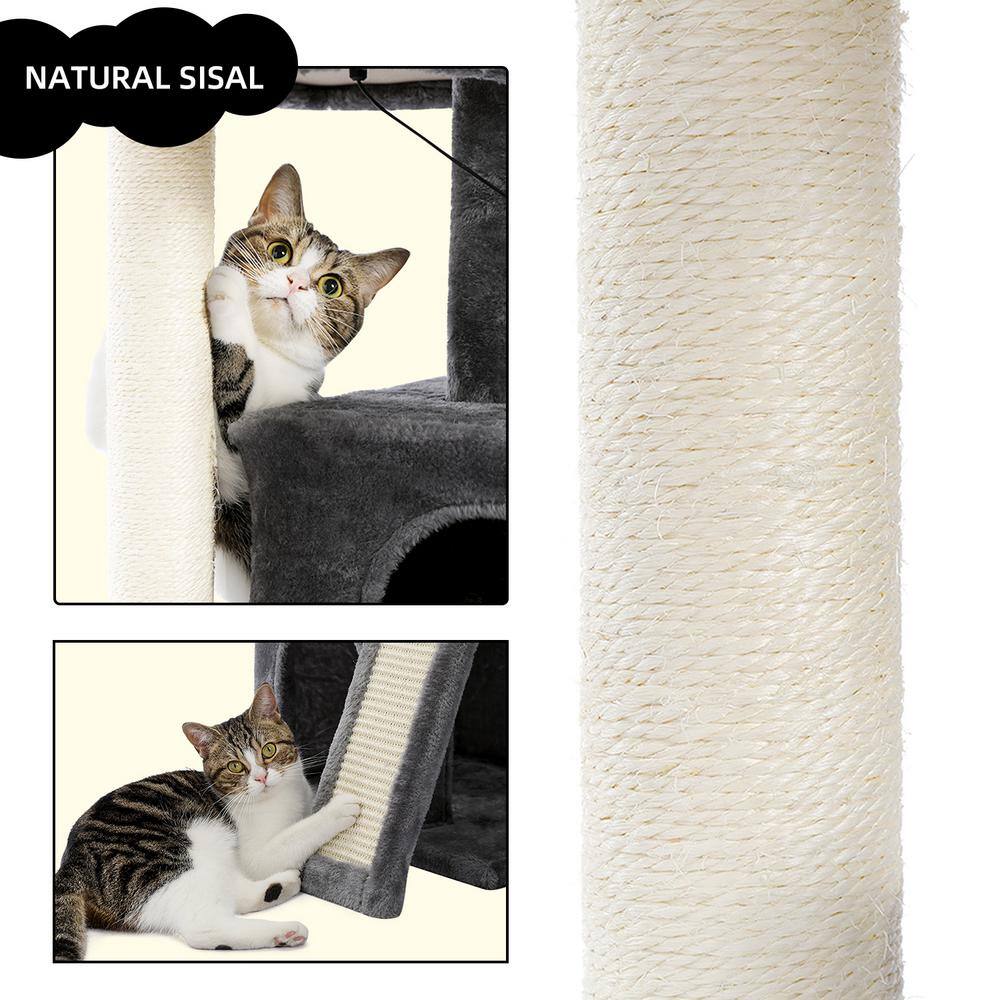 None 34 in. H Gray Cat Tree Cat Tower Double Condos Spacious Perch Wrapped Scratching Sisal Posts Replaceable Dangling Balls