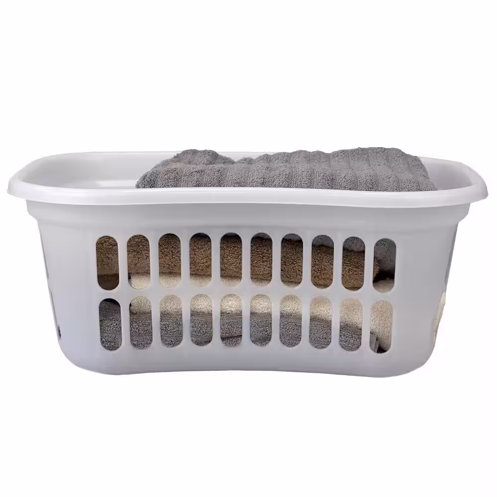 Home Basics Curved Hip Holding Large Capacity White Lightweight Plastic Laundry Basket with Easy Grab Handles