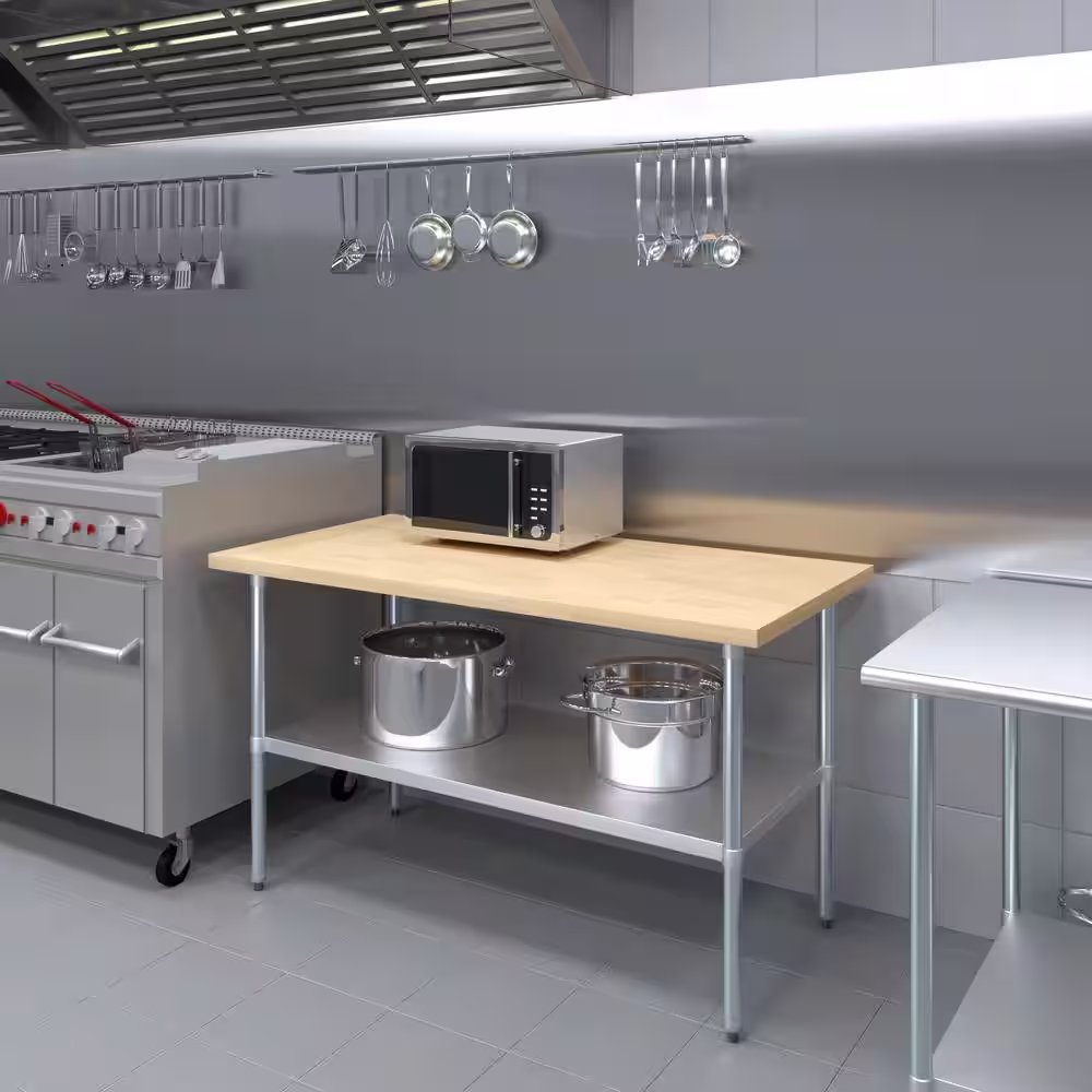 None Maple Wood Top 30  in.. x 60  in.. Kitchen Prep Table with Adjustable Bottom Shelf