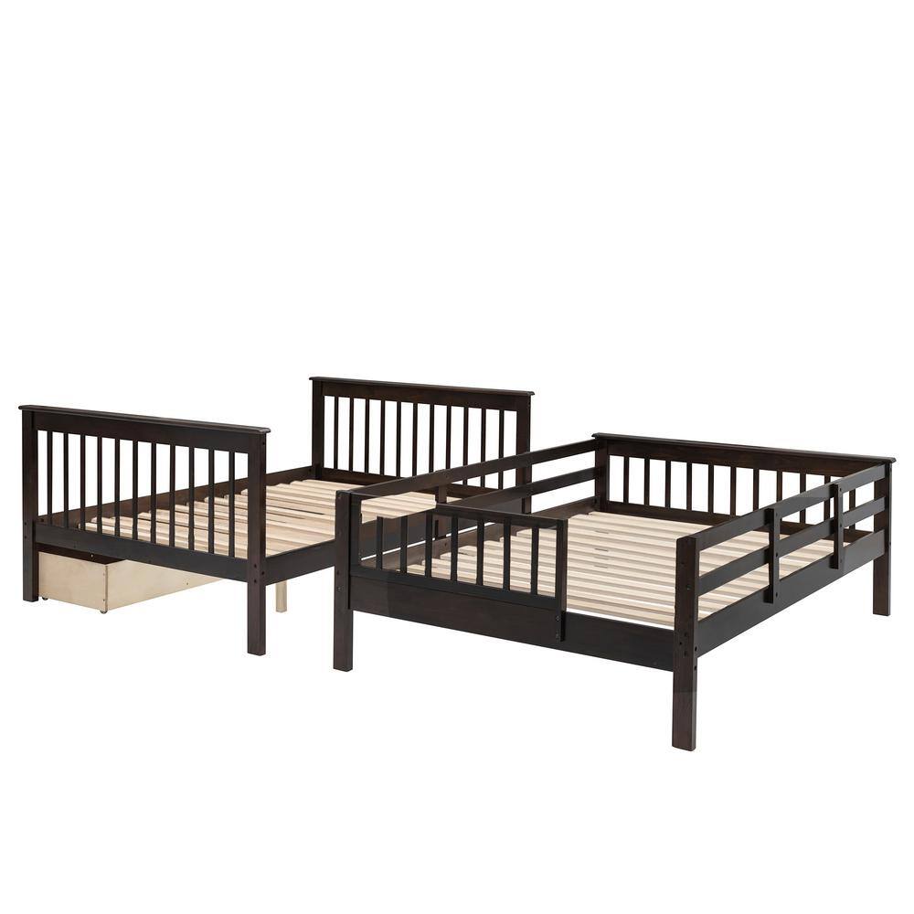 None Espresso Full Over Full Stairway Bunk Bed with 3 Drawers and Bookshelves, Wood Kids Bunk Bed Frame with Staircases