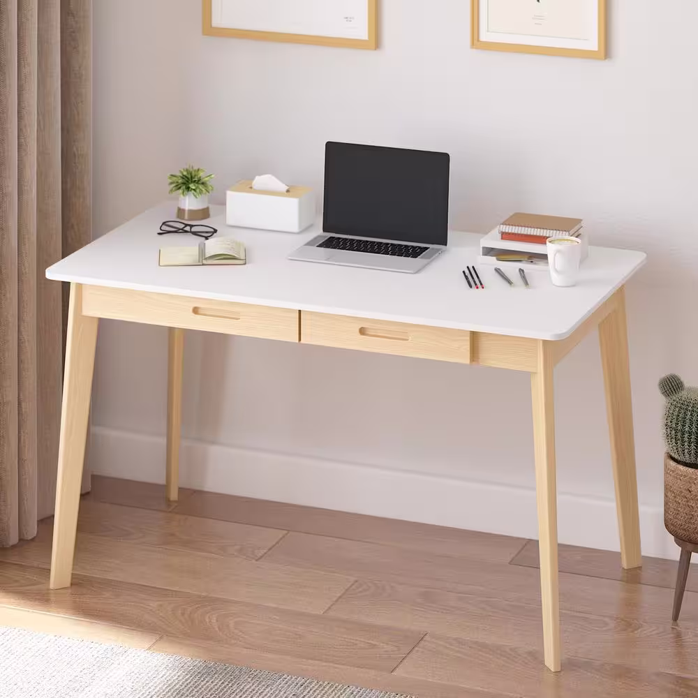 None 47.2 in. W x 21.7 in. D x 29.5 in. H White Rectangular MDF Computer Desk with 2-Drawers
