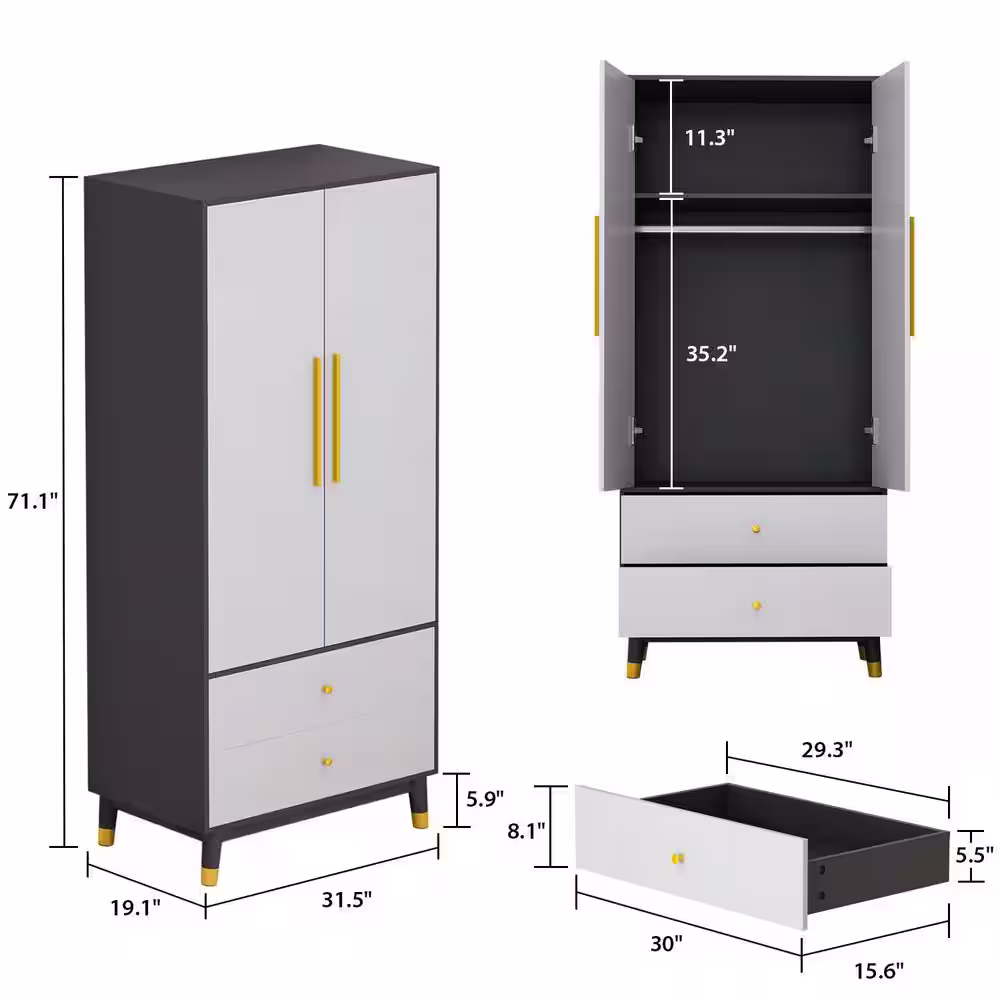 None Gray Armoire with 2-Drawers, Hanging Rod and Gold Metal Handles 70.9 in. H x 19.1 in. W x 31.5 in. D