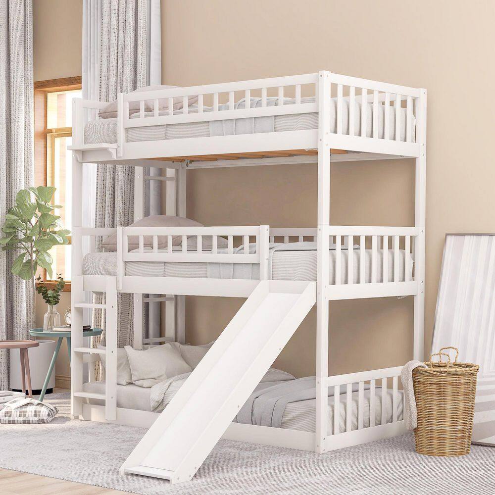 Harper & Bright Designs White Twin Triple Bunk Bed with Built-in Ladder and Slide