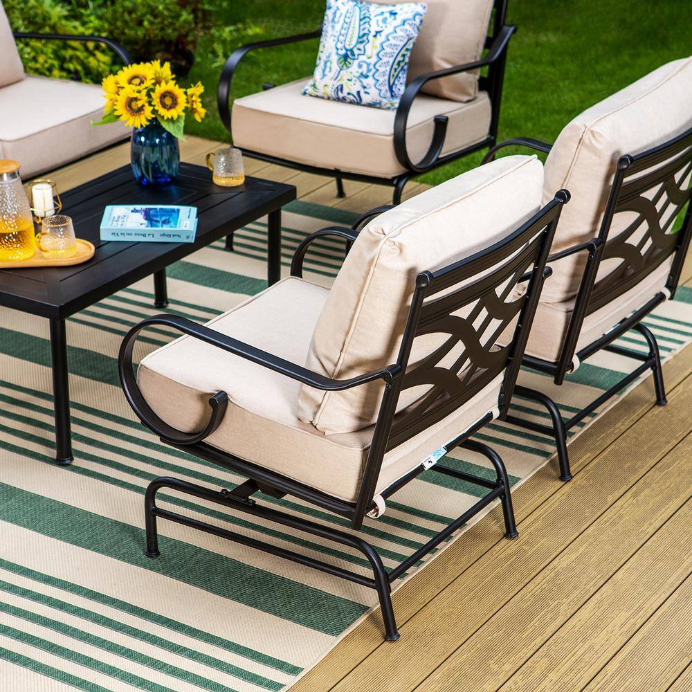 None 7 Seat 6-Piece Black Metal Steel Outdoor Patio Conversation Set with Beige Cushions, 2 Motion Chairs And Table