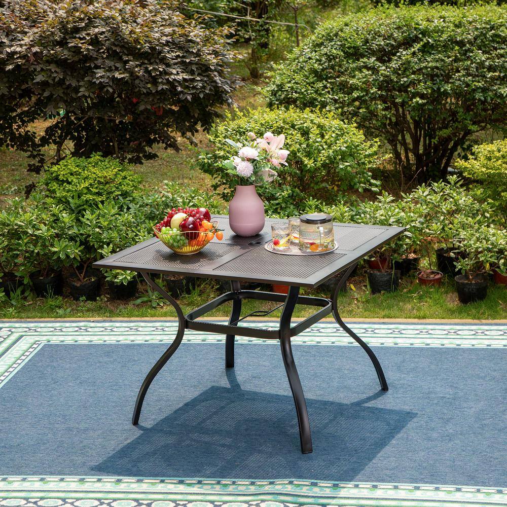 PHI VILLA Black 5-Piece Metal Outdoor Patio Dining Set with Square Table and Elegant Stackable Chairs