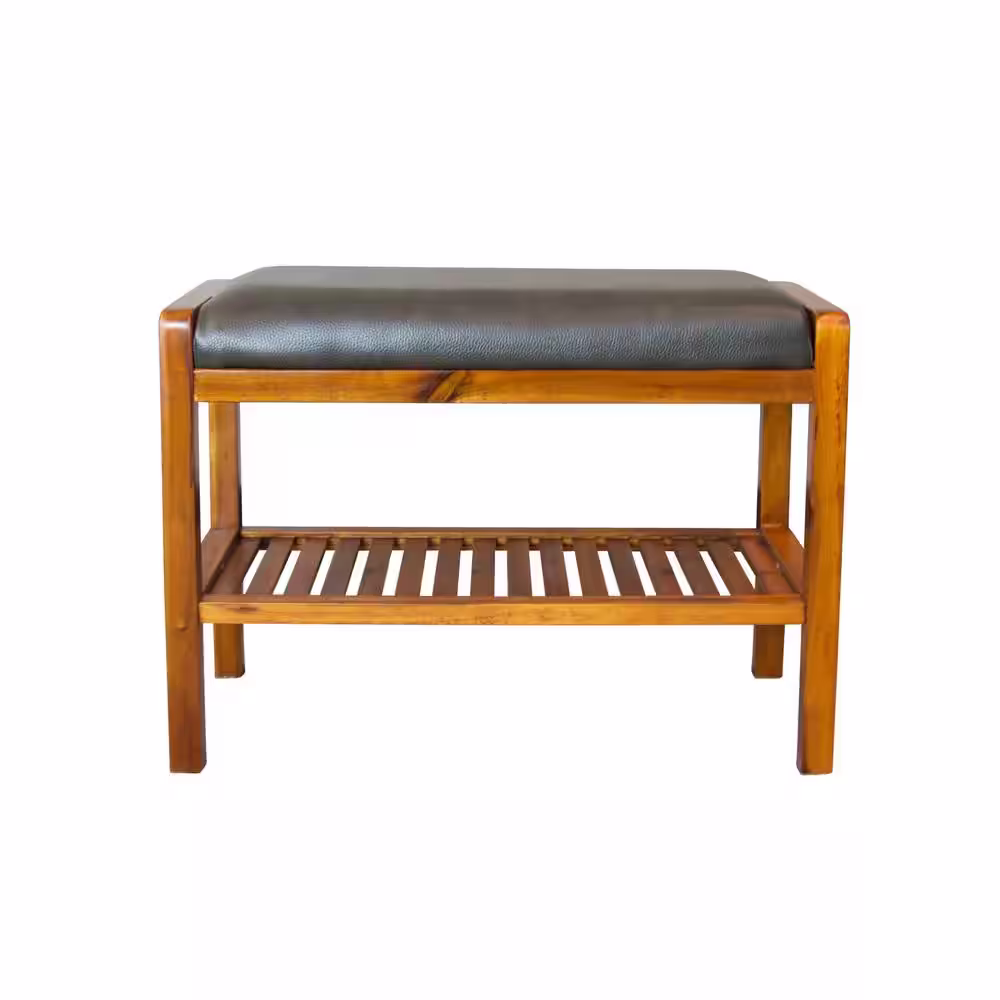 None Dark Mahogany Bench with Slatted Shelf 17 in. H x 23.75 in. W x 12.5 in. D