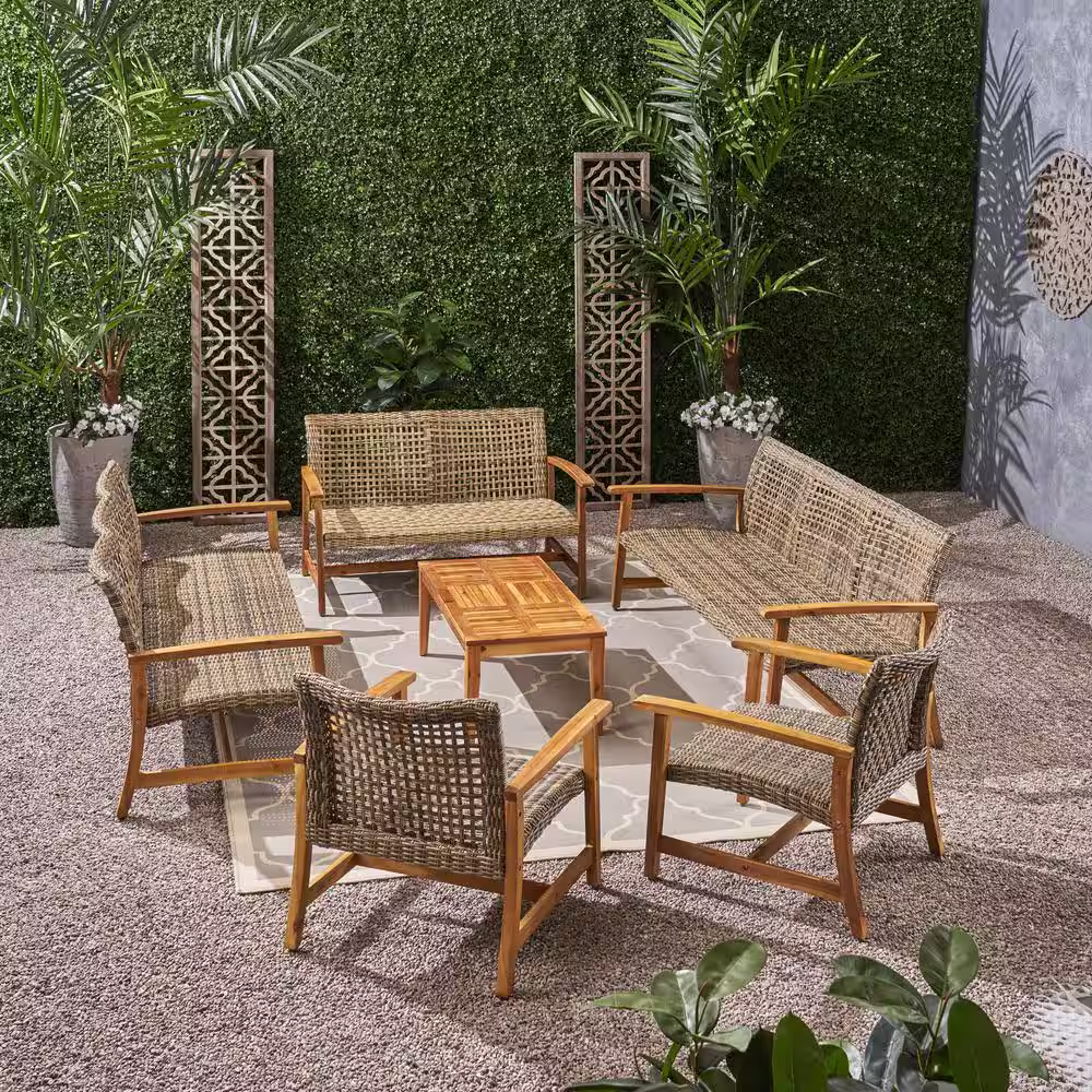 Noble House Hampton Natural 6-Piece Wood Patio Conversation Set