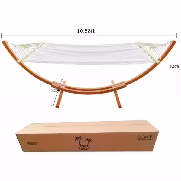 None 10.5 ft. Wooden Hammock Stand with Beige Double Hammock in Yellow Amber